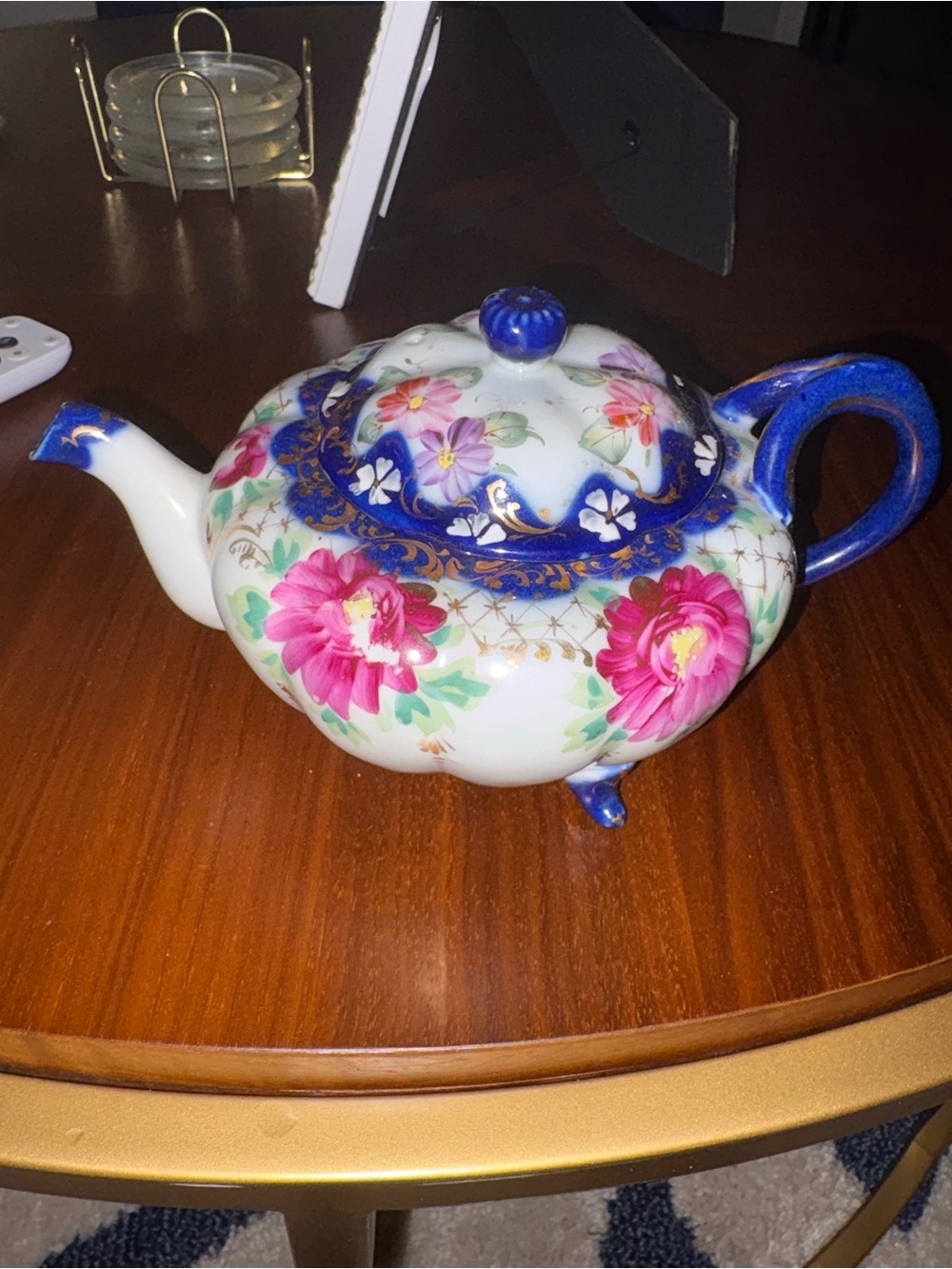 Floral Porcelain Teapot with Blue Accents - Decorative Home Art